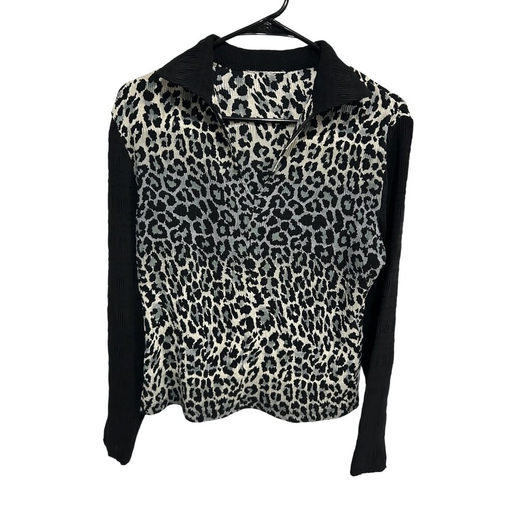 Womens Leopard Print Collared Long Sleeve Shirt Sz L Black Panels Retro Statemen